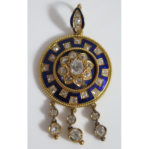 A Fine Victorian Old Cut Diamond and Royal Blue Enamel Penda...