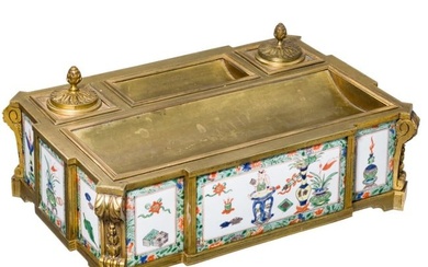 A French ormolu desk set with Chinese porcelain plaques, circa 1800