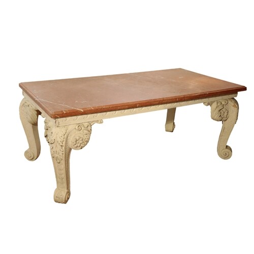 A GEORGE II STYLE CARVED WOOD AND MARBLE TOPPED CENTRE TABLE...