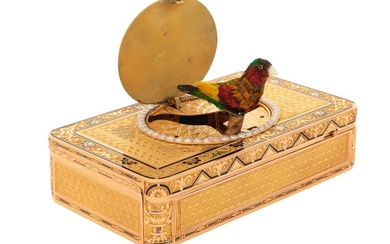 A GOLD, ENAMEL AND PEARL SINGING BIRD AND MUSICAL BOX, RÉMOND, LAMY, MERCIER & CO., GENEVA, 1815-1820