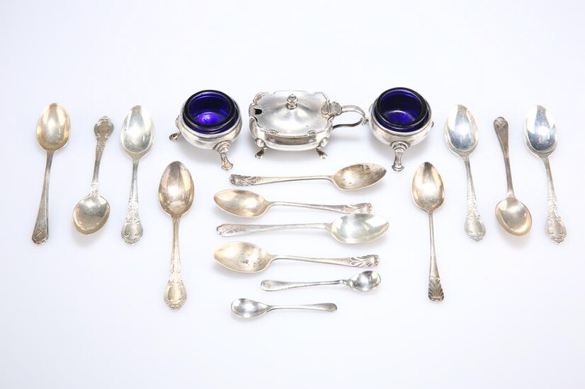 A GROUP OF SILVER, comprising two salts with blue-glass