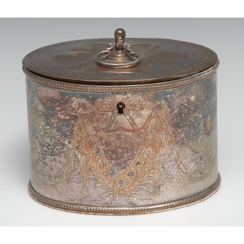 A George III Old Sheffield Plate oval tea caddy, engraved wi...
