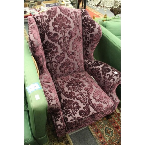 A George III design wing armchair with purple cut velvet fab...
