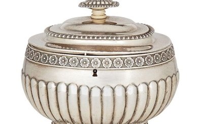 A George IV silver tea caddy, London, c.1821, Joseph Craddock & William Ker Reid, of rounded oval form, the half-lobed body designed with a floral band beneath rim and raised upon four foliate shouldered paw feet, the hinged lid with rectangular...