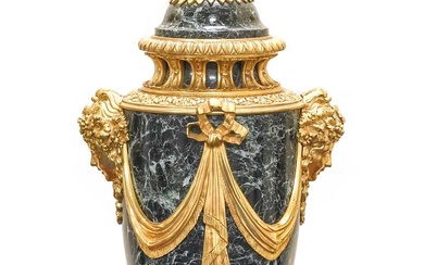 A Gilt-Metal-Mounted Variegated Green Marble Lamp Base, in Louis XVI...