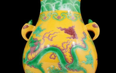 A Gorgeous Yellow-Glazed Polychrome 'Dragon& Auspicious Cloud' Vase