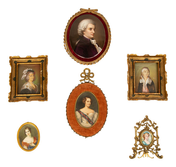 A Group of Six Continental Miniature Watercolor Portraits