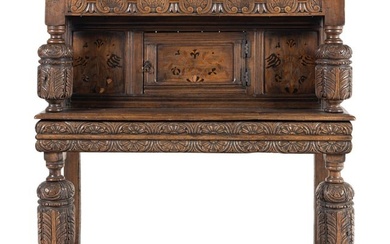 A Jacobean Style Oak and Marquetry Court Cupboard