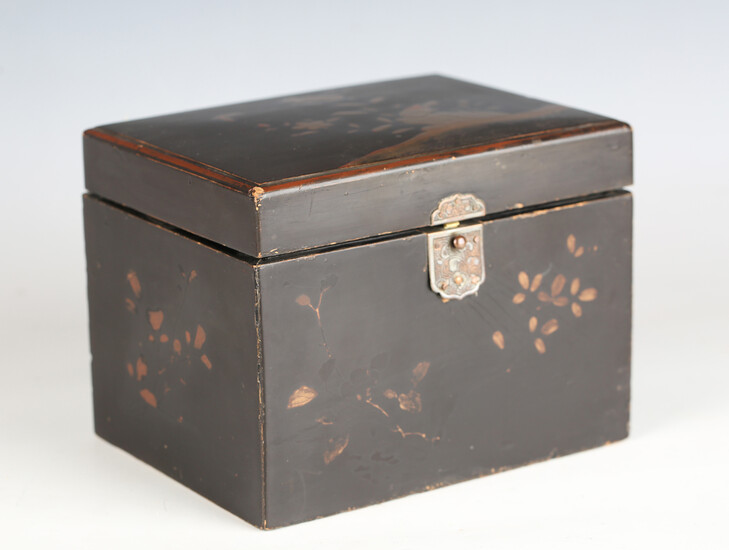 A Japanese lacquer tea caddy, Meiji period, the hinged lid revealing two lidded canisters, width 19c