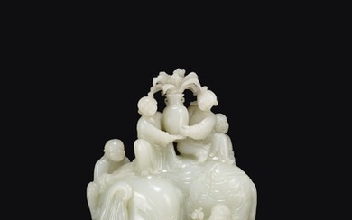 A LARGE AND FINELY CARVED WHITE JADE 'ELEPHANT AND BOYS' GROUP, QIANLONG PERIOD (1736-1795)