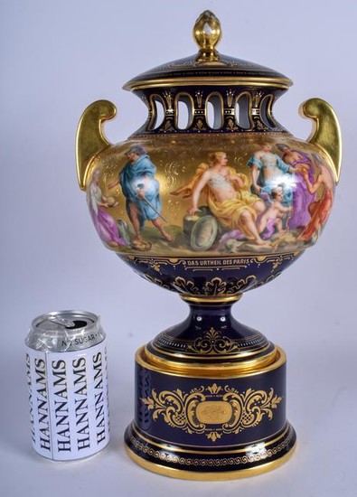 A LARGE ANTIQUE VIENNA PORCELAIN VASE AND COVER painted