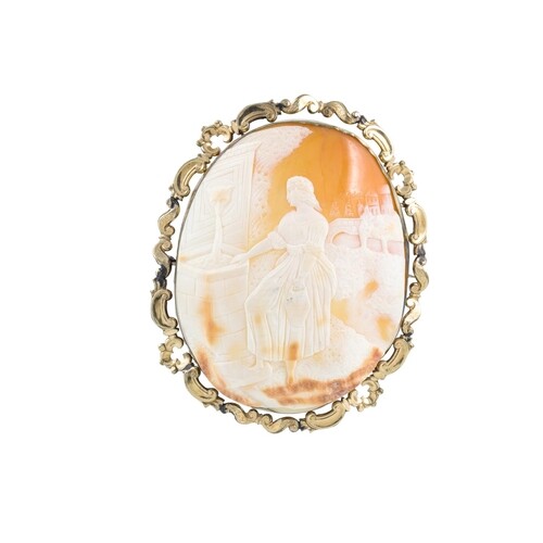 A LARGE CAMEO BROOCH, gold framed 6''