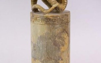 A LARGE CHINESE CARVED SOAPSTONE CYLINDRICAL SEAL WITH