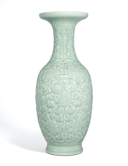 A LARGE VERY RARE MOULDED AND CARVED CELADON-GLAZED VASE, QIANLONG IMPRESSED SIX-CHARACTER SEAL MARK AND OF THE PERIOD (1736-1795)
