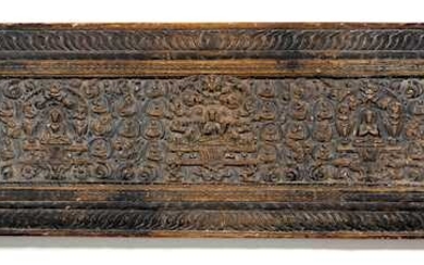 A LARGE WOODEN SUTRA COVER.