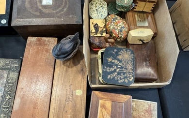 A LOT OF ANTIQUE BOXES AND TWO CARVING SETS