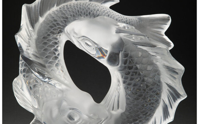 A Lalique Clear and Frosted Glass Deux Poissons Sculpture (post-1945)