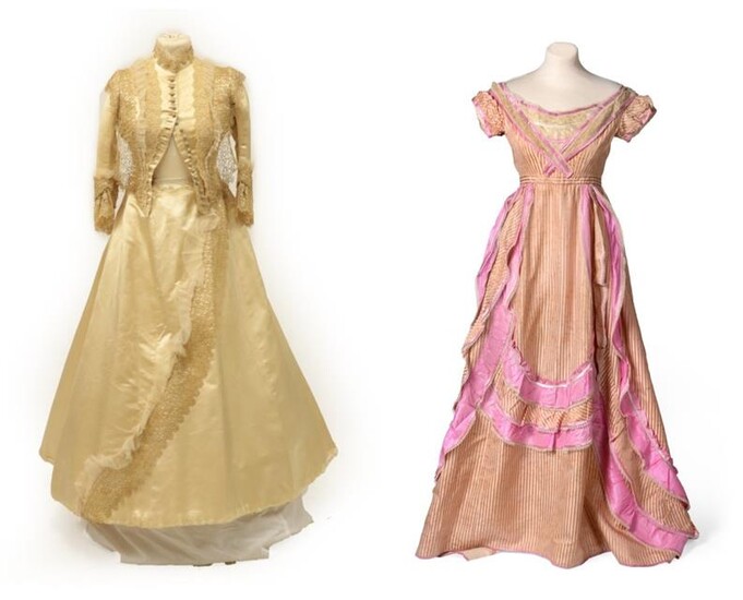 A Late 19th Century Pink and Cream Striped Evening Dress, with capped sleeves, lace and pink...
