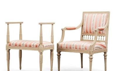 A Late Gustavian armchair by Johan Lindgren and stool.