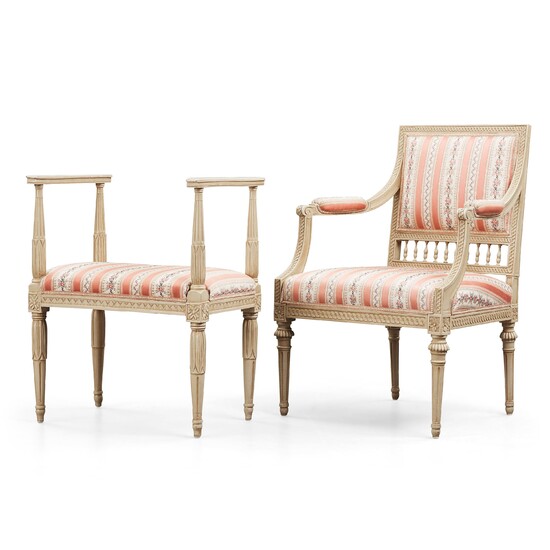 A Late Gustavian armchair by Johan Lindgren and stool.