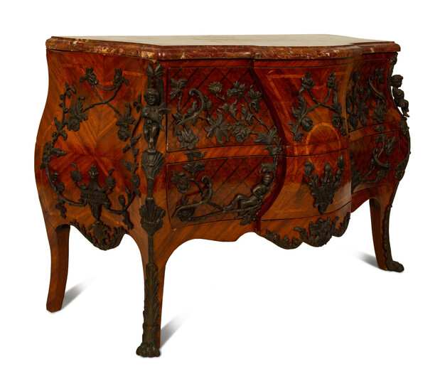 A Louis XV Style Parquetry Bombe Commode with Bronze Mounts and Marble Top