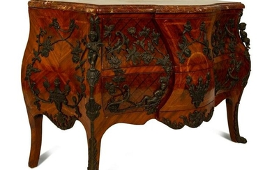 A Louis XV Style Parquetry Bombe Commode with Bronze
