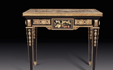 A Louis XVI Style Gilt Bronze-Mounted Ebonized Centre Table, Inset with an Agate Top and Inlaid with Two Pietre Dure Panels, 19th Century, the Pietre Dure 17th Century