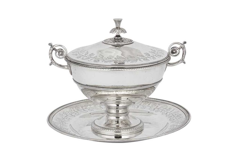 A Louis XVII / early 19th century French 950 standard silver écuelle and stand, Paris 1819-38 mark of O.B. Bourgois