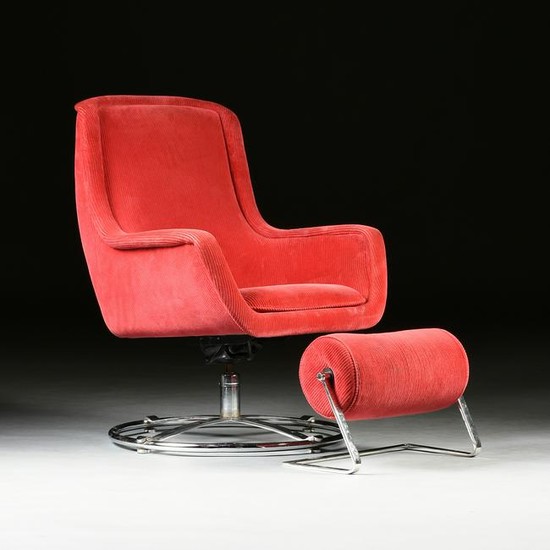 A MID CENTURY MODERN RED CORDUROY CHAIR AND OTTOMAN, BY