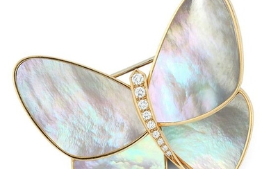 A MOTHER OF PEARL AND DIAMOND BUTTERFLY BROOCH, VAN