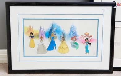A NICELY FRAMED LIMITED EDITION DISNEY SERICEL WITH PRINCESSES, EDITION OF 3000 58 X 88CM (OVERALL)