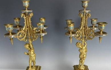 A PAIR OF 19TH C. FRENCH CHAMPLEVE ENAMEL CANDELABRA