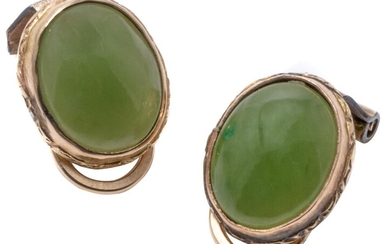 A PAIR OF 9CT GOLD JADE EARRINGS; each a 10 x 8mm cabochon nephrite jade to clip fitting, wt. 2.76g.