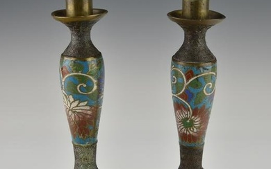 A PAIR OF CHINESE CHAMPLEVE CANDLE HOLDER