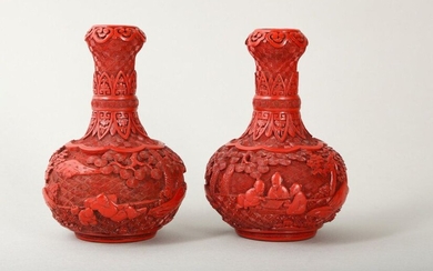 A PAIR OF CHINESE CINNABAR LACQUER 'SCHOLARS' GARLIC MOUTH VASES. Qing Dynasty, 18th century. The globular body supported on a short foot and decorated around the body of each with three scenes within a continuous rocky garden: the first three...