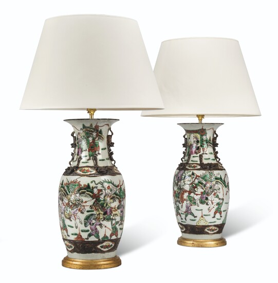 A PAIR OF CHINESE FAMILLE VERTE PORCELAIN VASES MOUNTED AS LAMPS