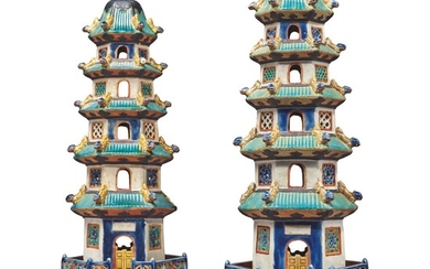 A PAIR OF CHINESE-STYLE GLAZED-EARTHENWARE MODELS OF PAGODAS, 20TH CENTURY