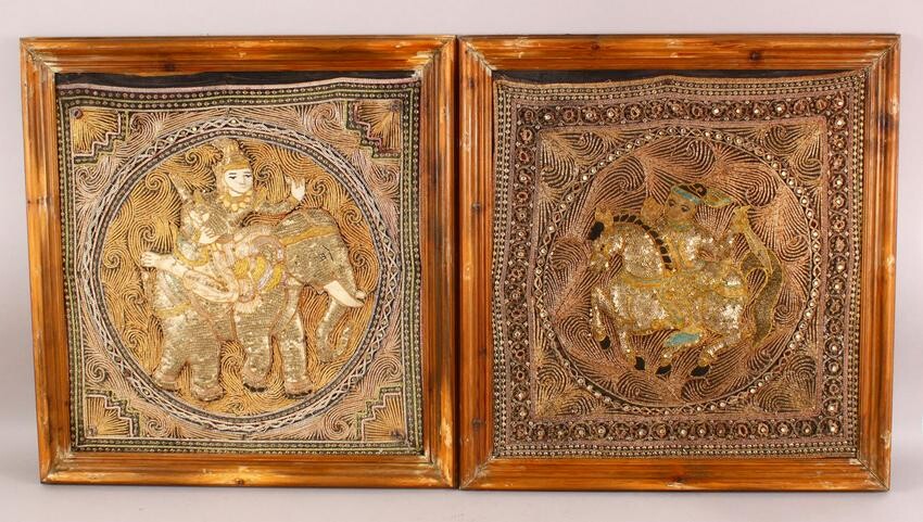 A PAIR OF FRAMED INDIAN EMBROIDERED PANELS, each centre
