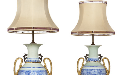 A PAIR OF ORMOLU-MOUNTED CHINESE CELADON AND BLUE AND WHITE...