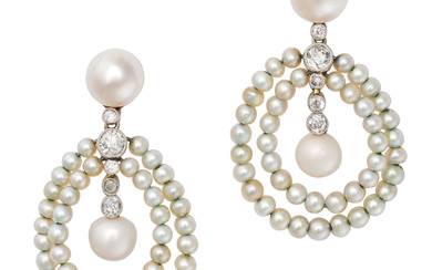 A PAIR OF PEARL AND DIAMOND DROP EARRINGS in yello ...