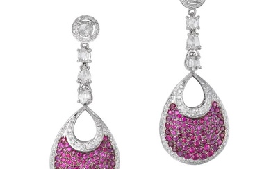 A PAIR OF REVERSIBLE RUBY, SAPPHIRE AND DIAMOND DROP EARRINGS each comprising a row of rose cut d...