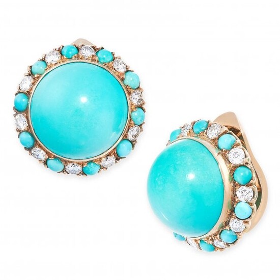 A PAIR OF VINTAGE TURQUOISE AND DIAMOND CLIP EARRINGS