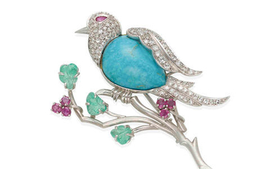 A PLATINUM, RUBY, EMERALD AND TURQUOISE BIRD BROOCH
