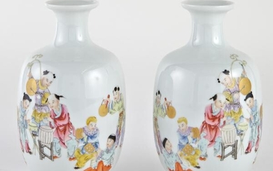 A Pair of Chinese Enameled Porcelain 'Boys' Vases