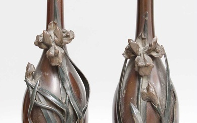 A Pair of Japanese Meiji Period Bronze Vases, with applied...