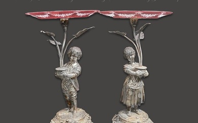 A Pair of Late 19th C. French Bronze Silver-Plated Ruby Glass Centerpiece