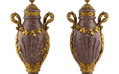 A Pair of Louis XV Style Gilt Bronze Mounted Porphyry Urns