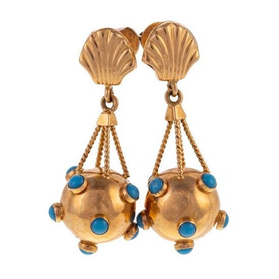 A Pair of Turquoise Drop Earrings in 14K