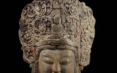 A RARE AND MASSIVE CARVED LIMESTONE HEAD OF GUANYIN, SONG DYNASTY