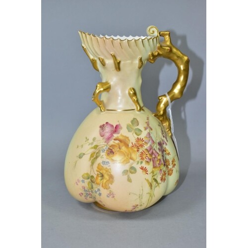 A ROYAL WORCESTER BLUSH IVORY JUG, with fluted rim stylised ...